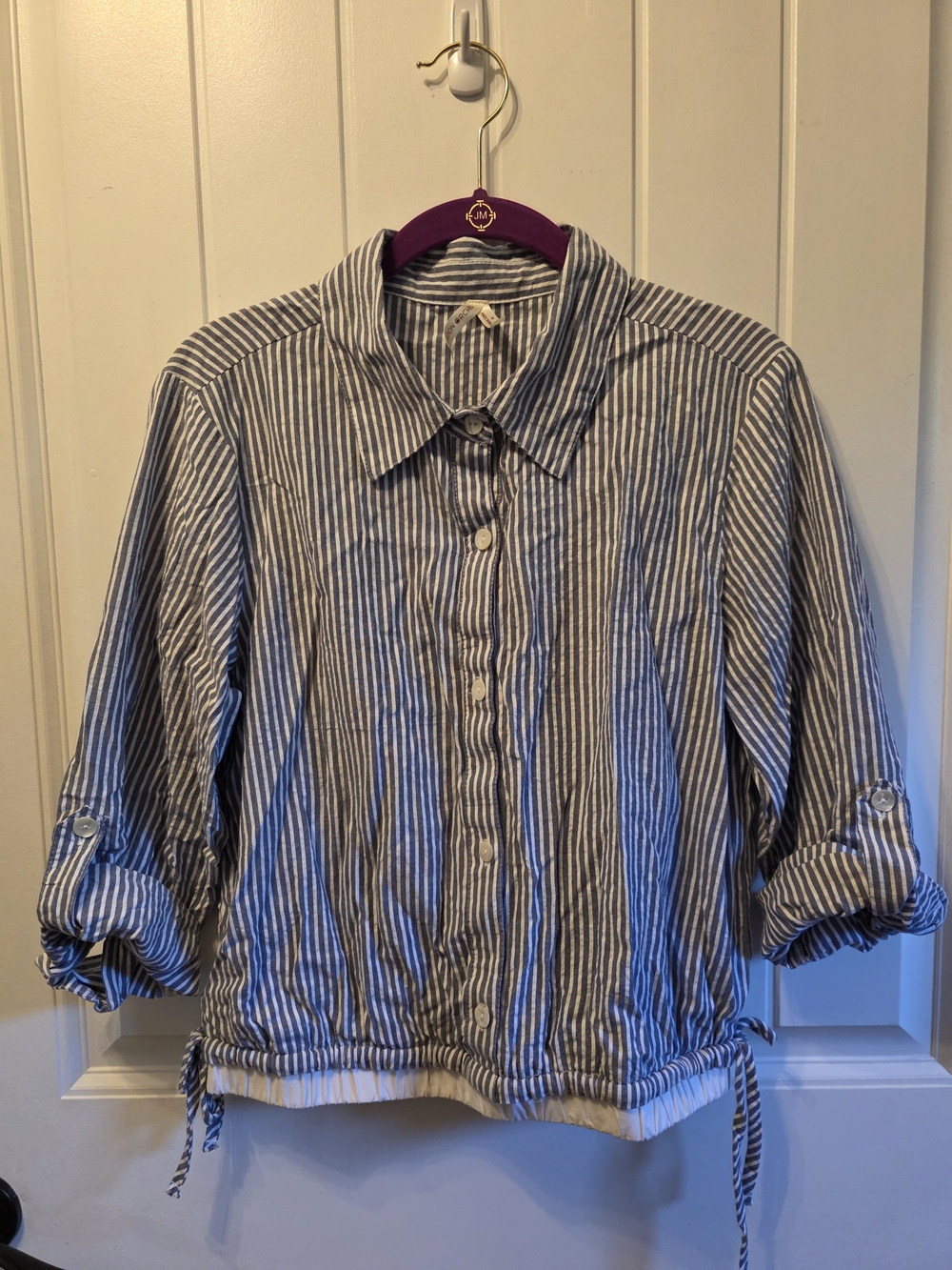 Casual Blue and White Striped Button-Front Women's Blouse
